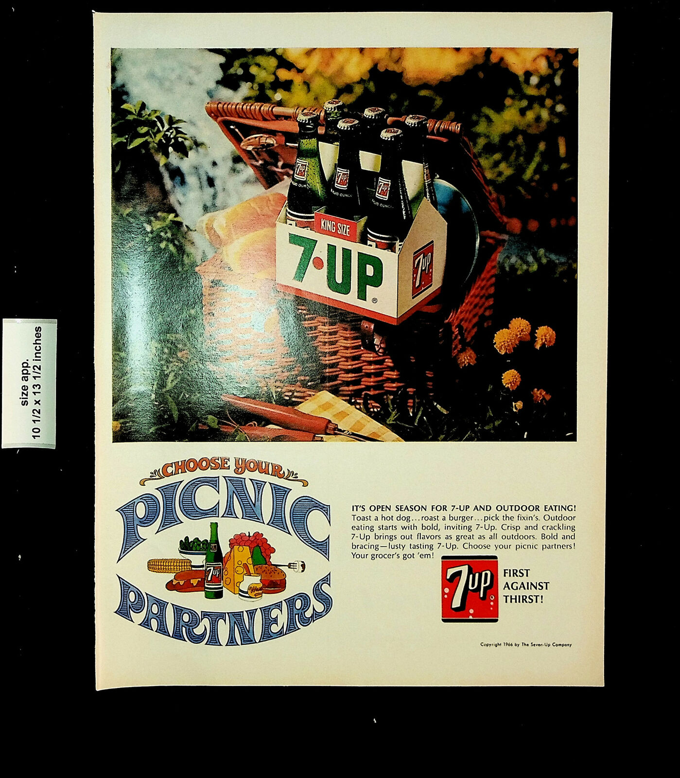 1966 7Up King Size Bottles Soda Picnic Partners Vintage Print Ad 27289