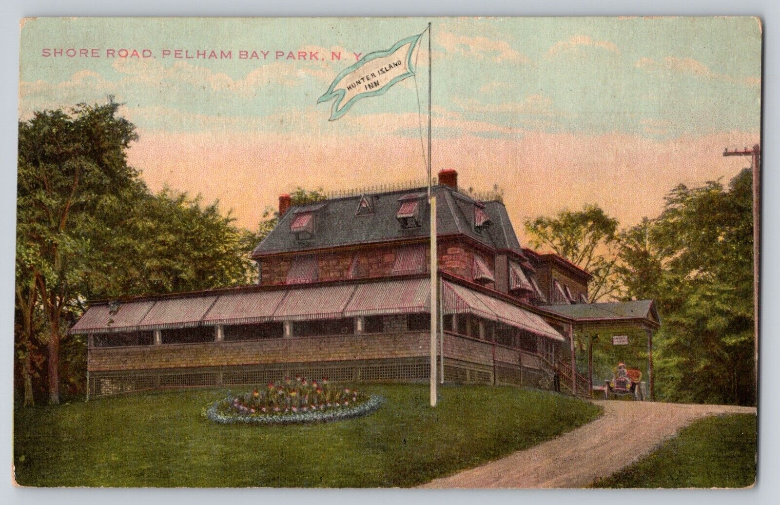 Postcard New York Pelham Bay Park Shore Road Hunter Island Inn Unposted Old Car