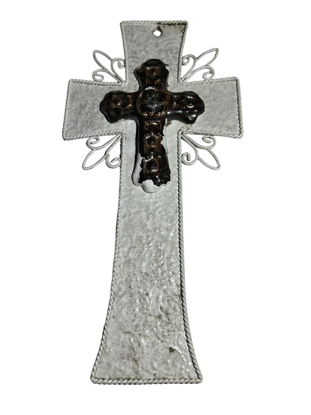 Western Country Americana Cross Crucifix Rustic Design Metal White 14x7” Antique