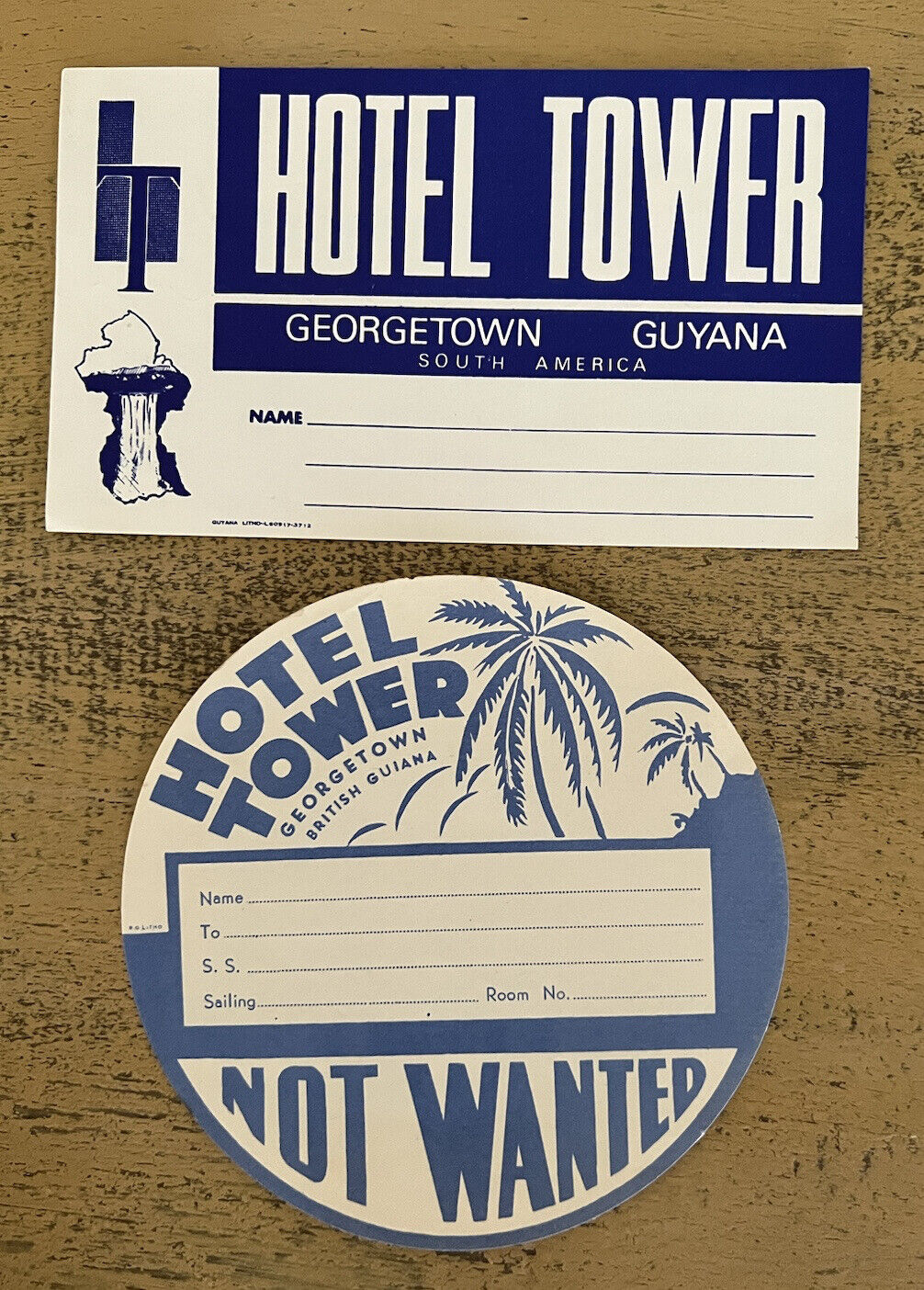 Hotel Tower Georgetown British Guyana Luggage Label Not Sticky Vintage Lot Of 2