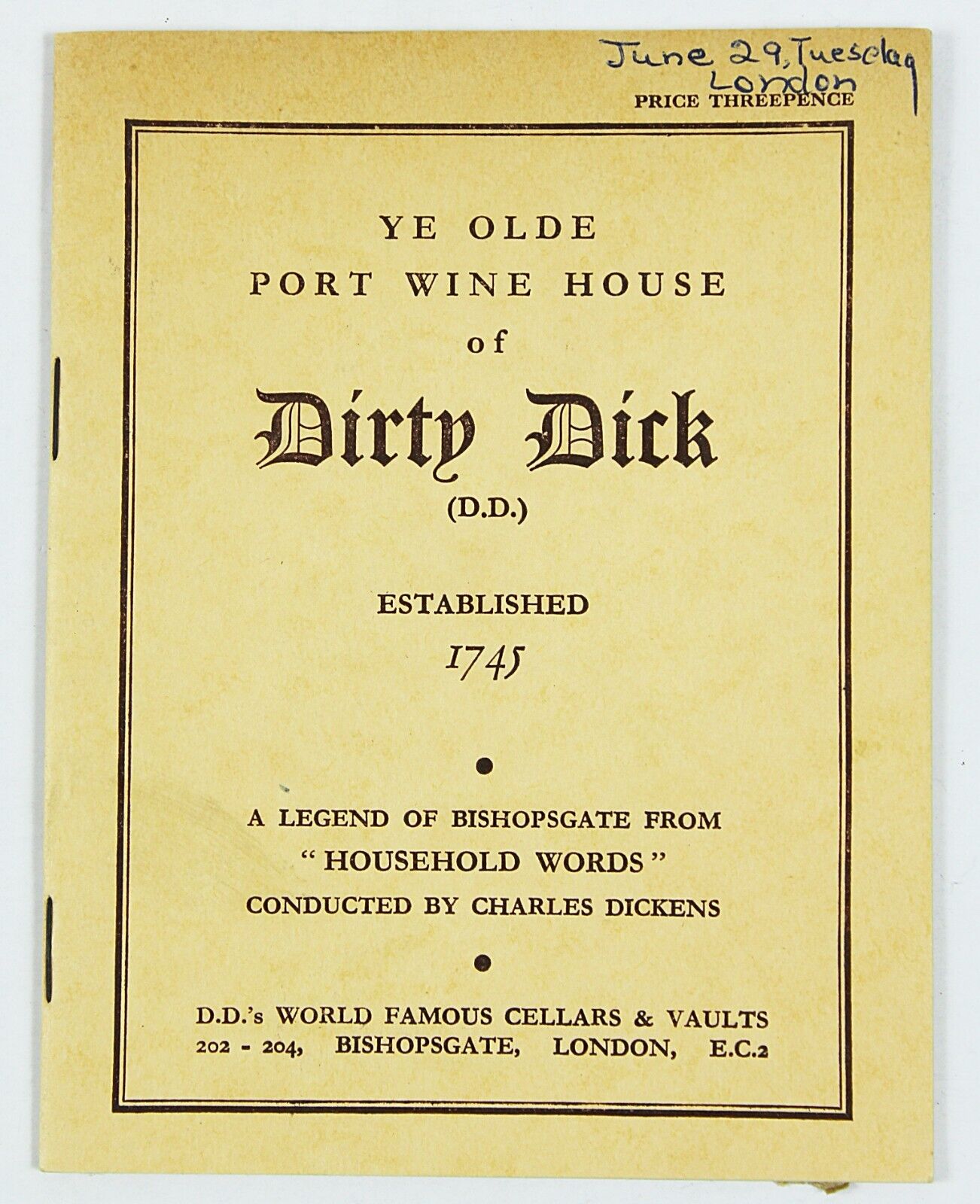 Vintage YE OLDE PORT WINE HOUSE OF DIRTY DICK London England 1950s Advertising