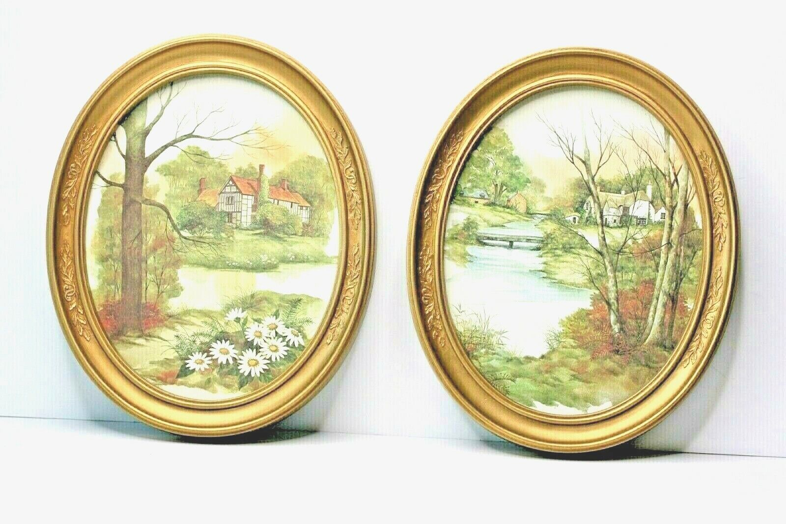 Pair Homco Oval Gold Tone Framed Prints Country Farmhouse Cottage Stream Flower