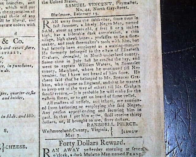 Rare 18th Century Baltimore MD Maryland w/ Jay Treaty Discussion 1796 Newspaper