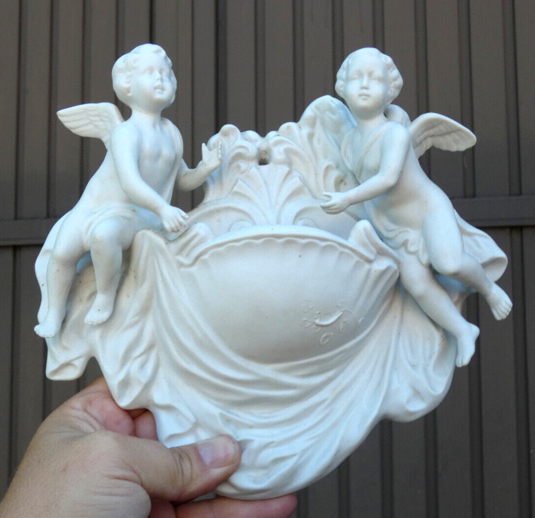 German scheibe alsbach white bisque porcelain angels holy water font marked