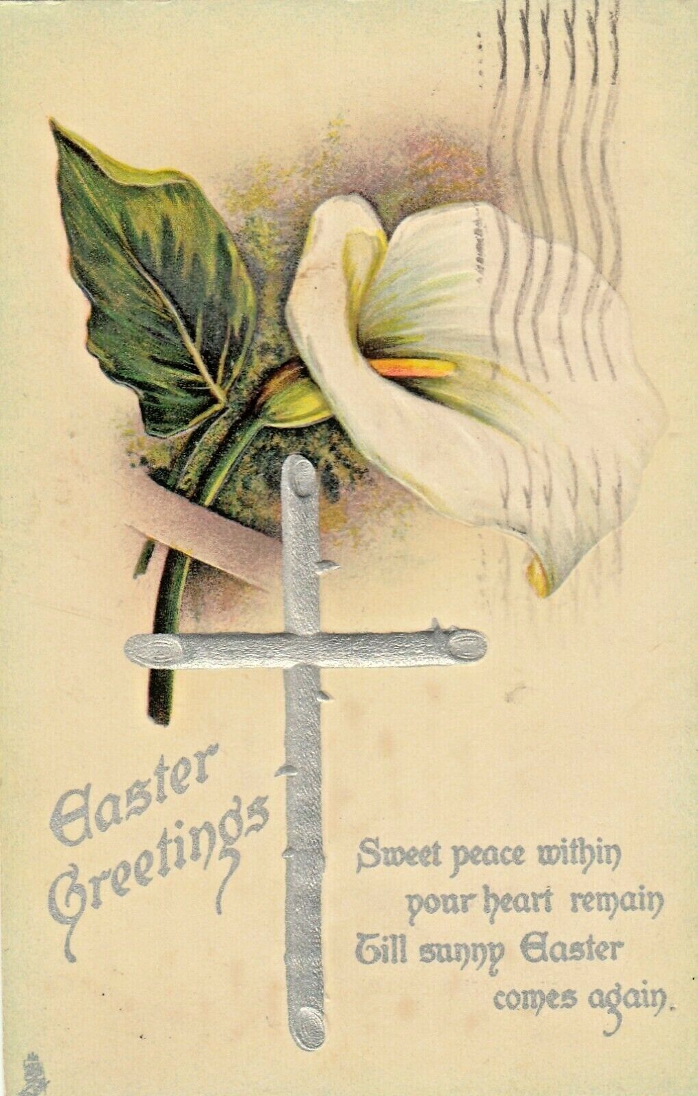 Vintage Easter Postcard SILVER CROSS   WHITE LILY EMBOSSED TUCK\'S  POSTED 1910