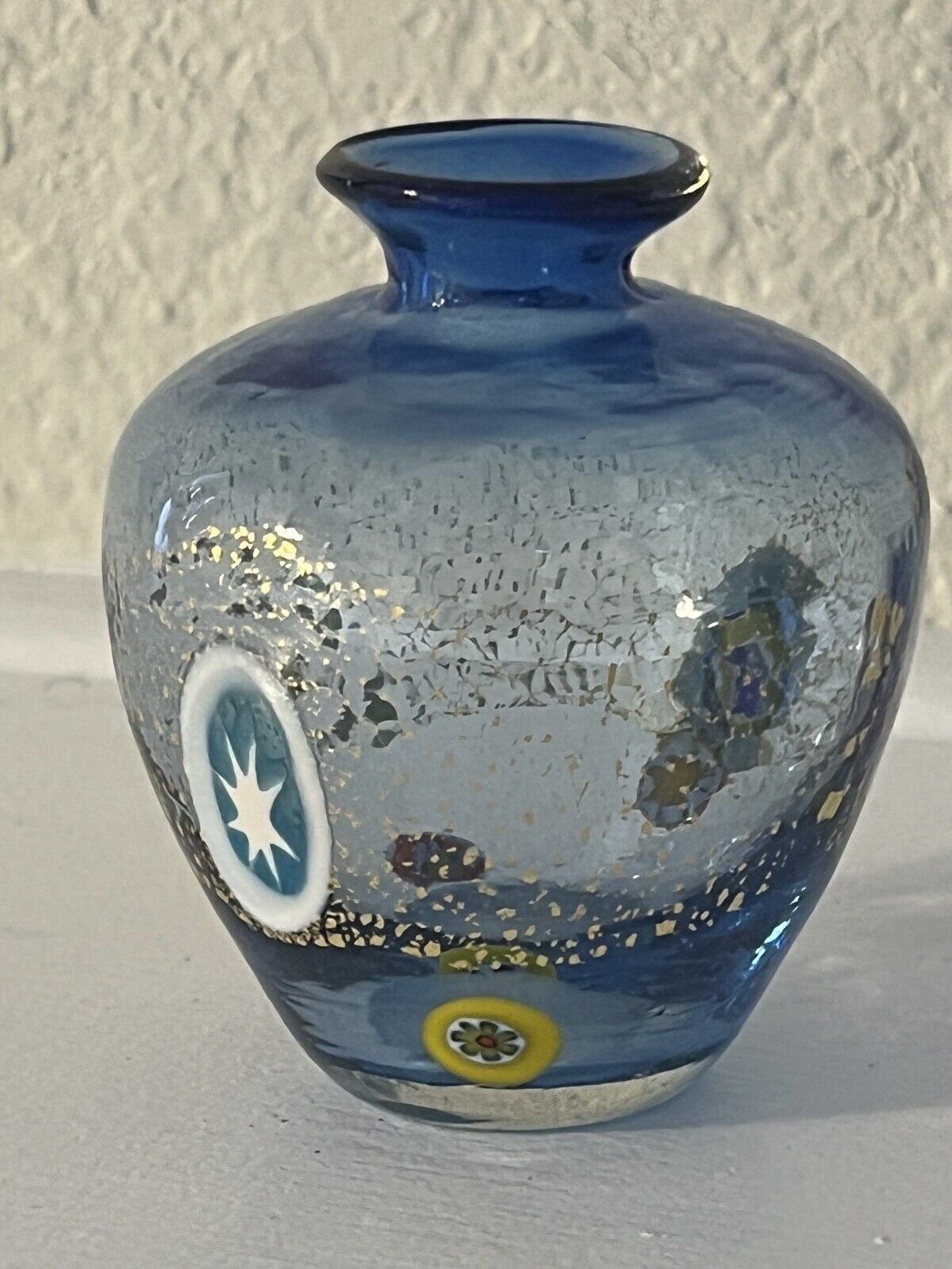 Vintage Millefiori Italian Blue Gold Murano Glass Vase 3.5”