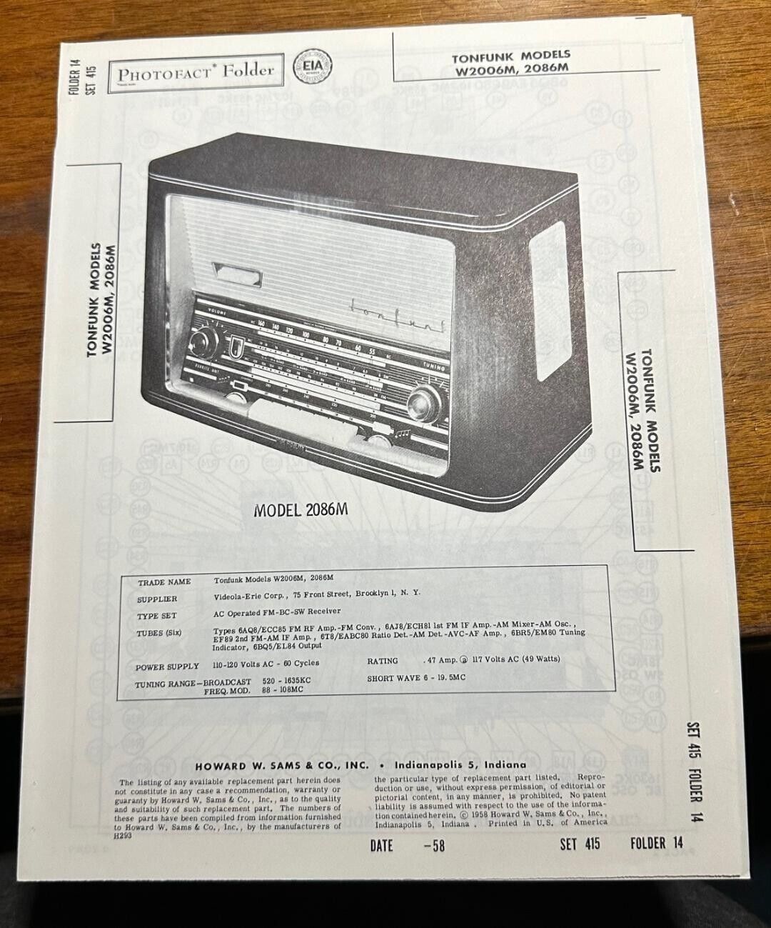 1958 Tonfunk W2006M / 2086M FM-BC-SW Rec Photofact Service Manual Foldout Folder