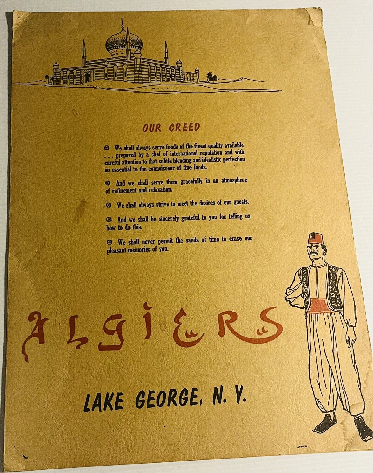 Vintage Restaurant Menu Algiers Lake George New York circa 1950\'s