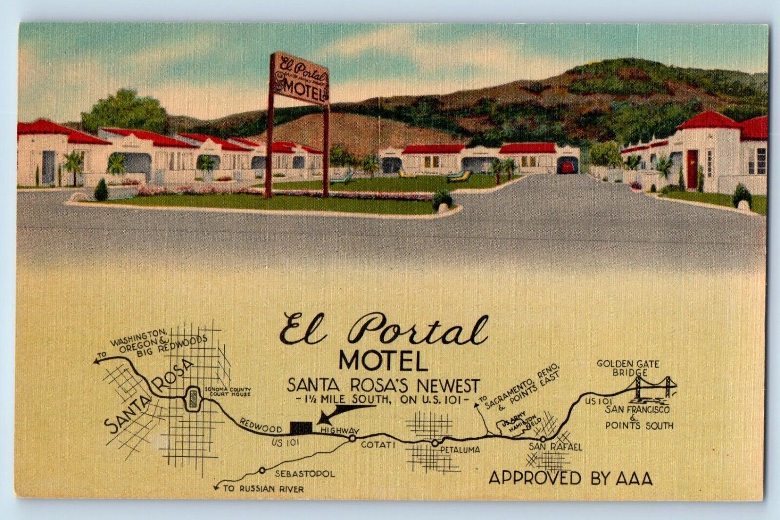 Santa Rosa California CA Postcard El Portal Motel Multiview Building Map c1940