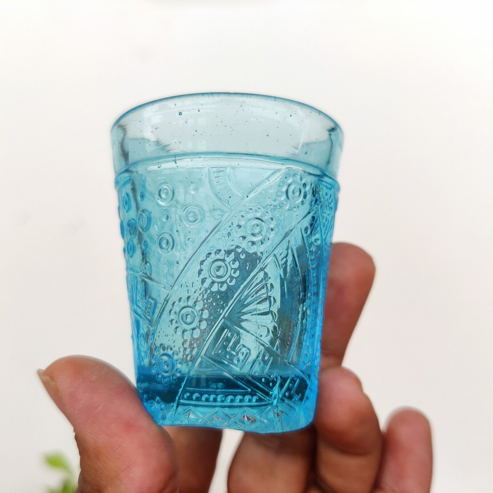 Vintage Blue Glass Tequila Shot Tumbler Floral Design Barware Collectible GT25