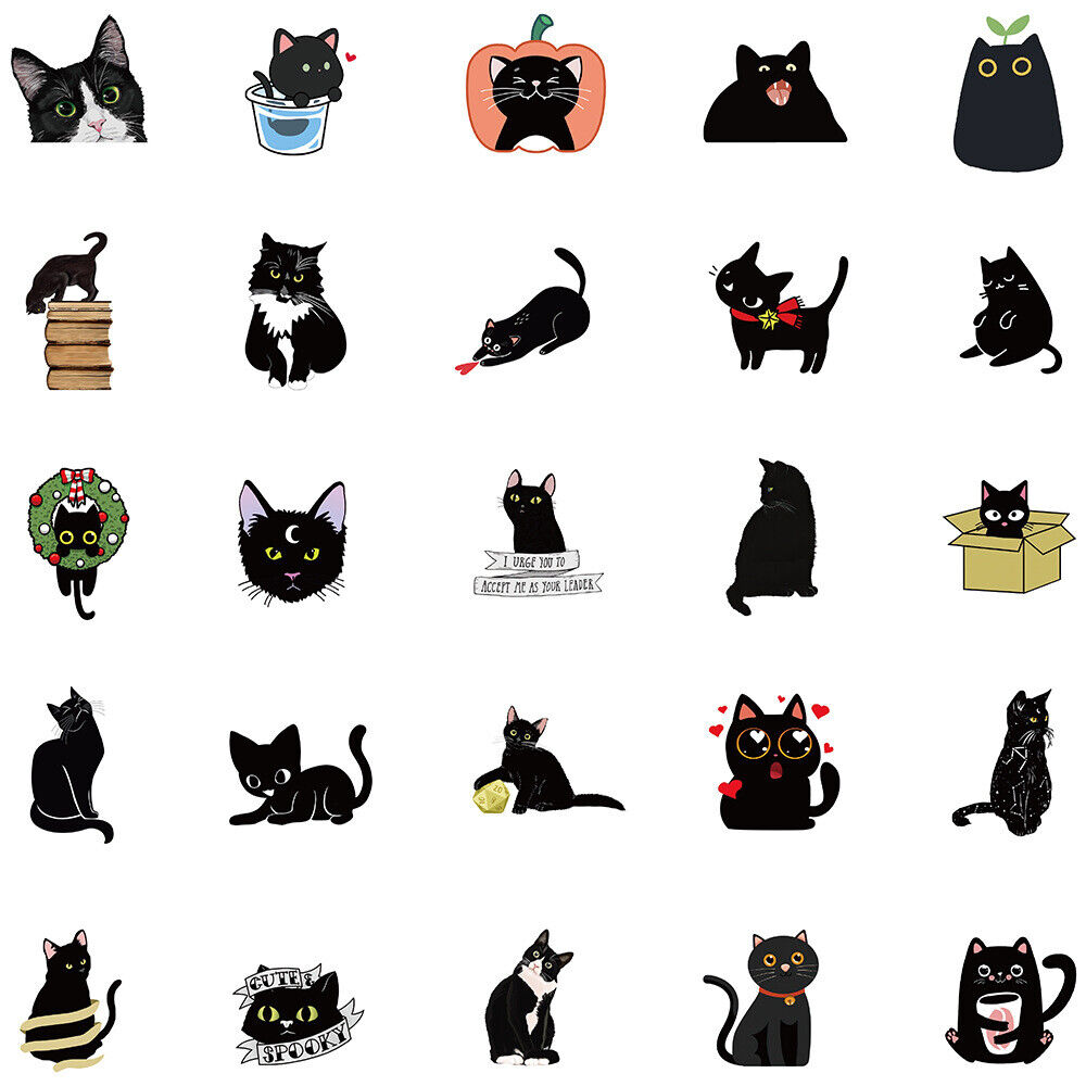 50Pcs BLACK CAT Stickers Pack Vinyl Laptop Helmet Luggage Decal KID GIFT