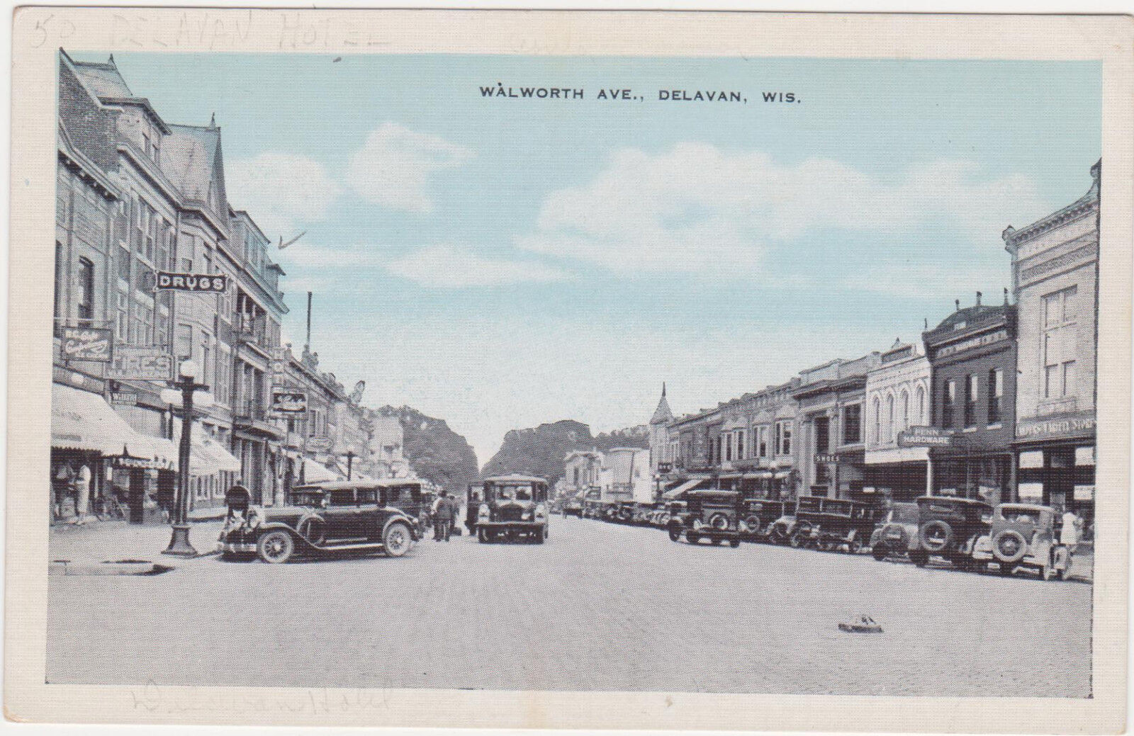 Delavan,Wisconsin,Walworth Ave.Old Cars,Drug Store,c.1918-30s