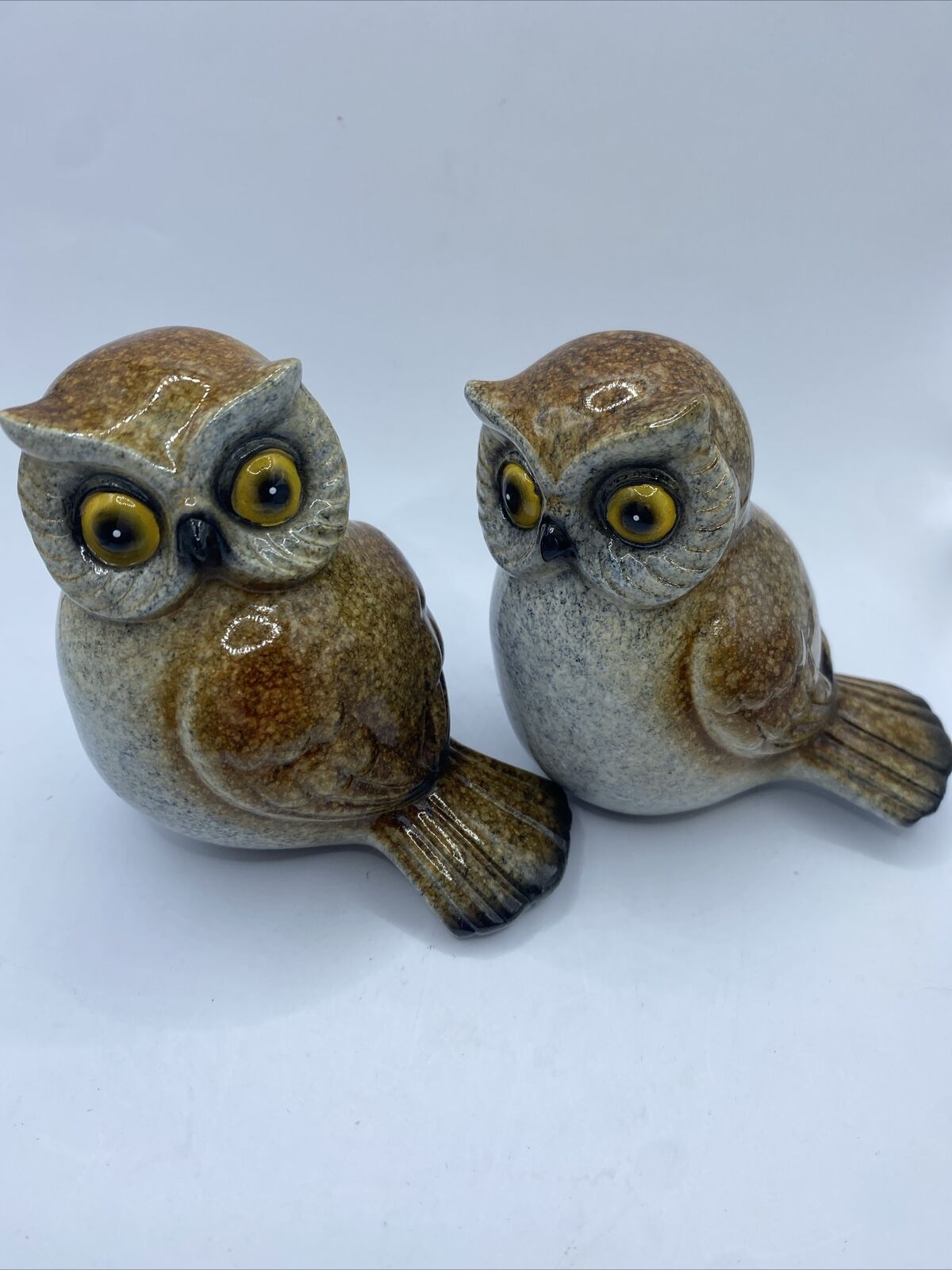 Vintage Pair Of Pottery CeramicGlazed Brown Owls Collectable Figurines MCM 8x8cm