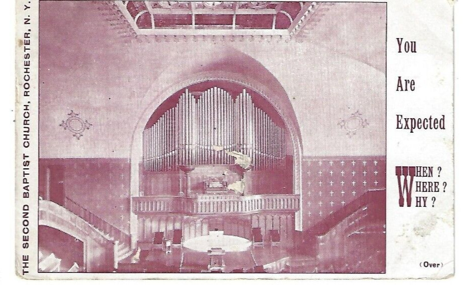 Rochester NY 1908 2d Baptist Church Interior Organ Autographed Postcard New York
