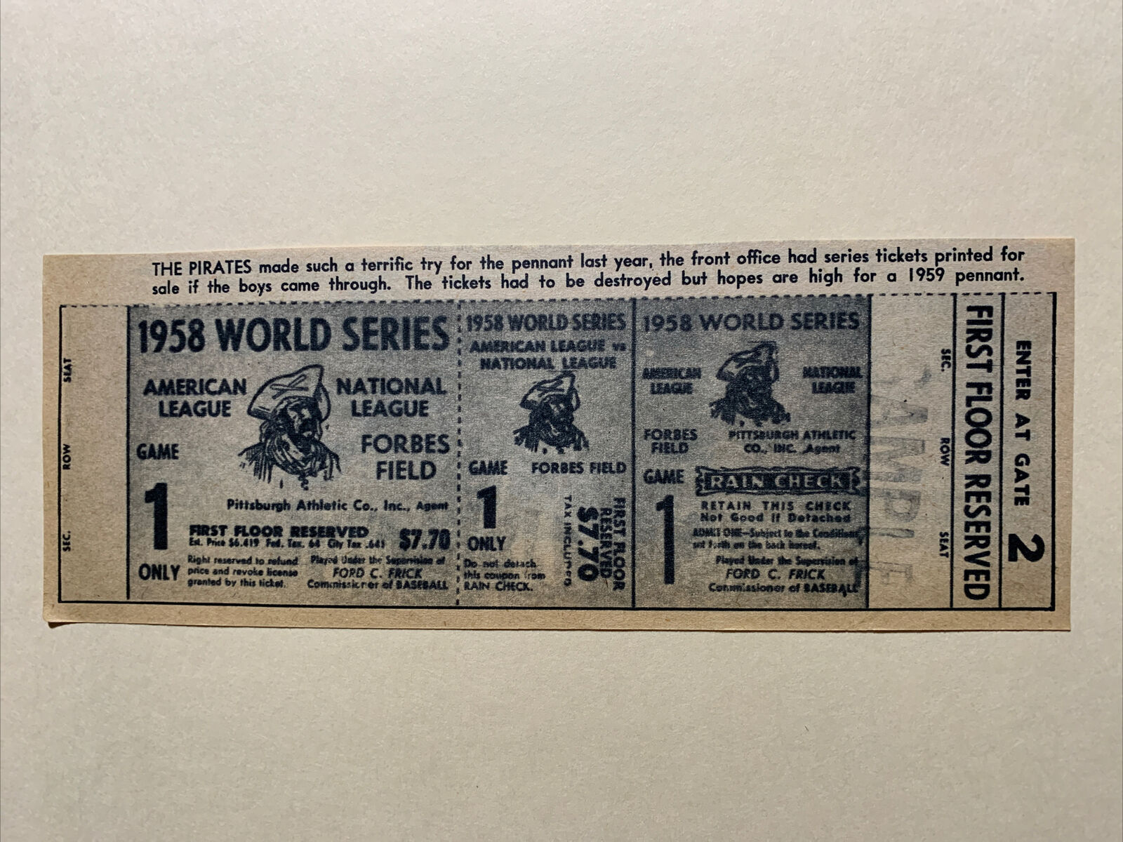 Pittsburgh Pirates 1958 World Series Tickets 1959 S&S Baseball Pictorial 8X3