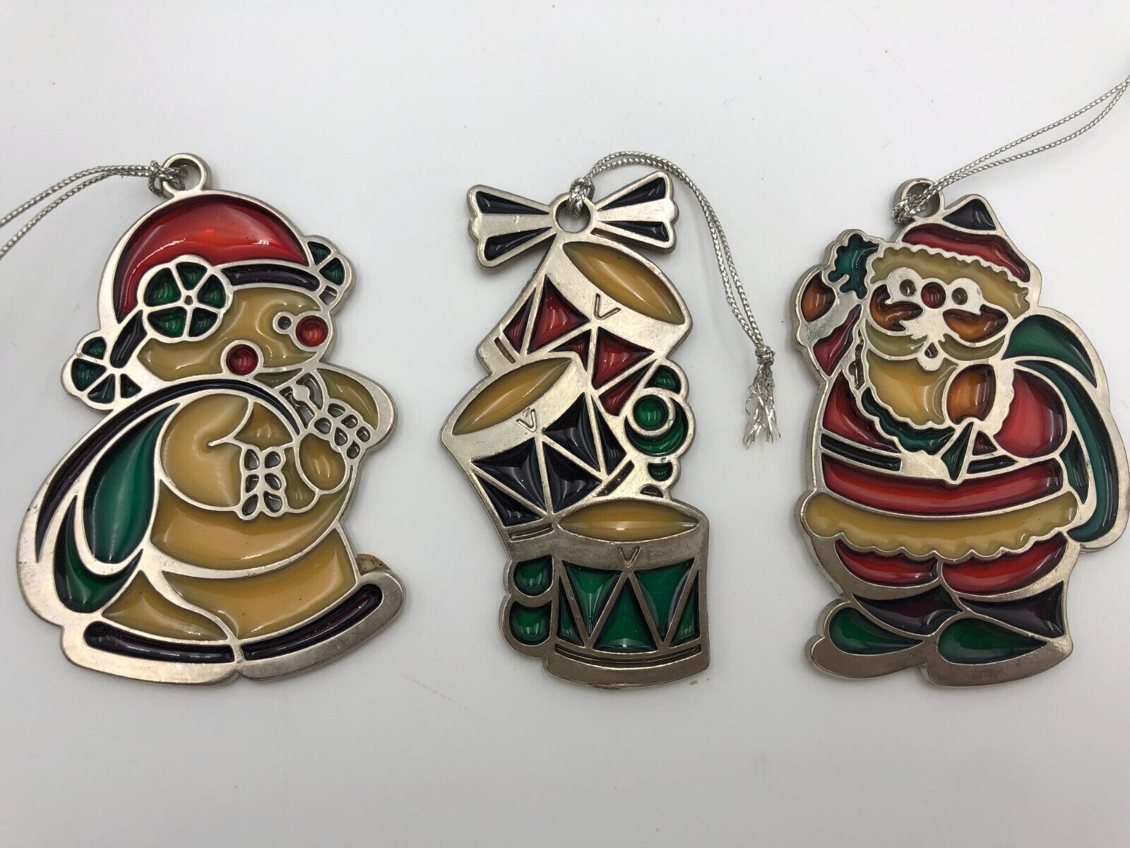 Set  3 Russ Berrie Vintage stained Glass ORNAMENTs Christmas Snowman Santa Drums
