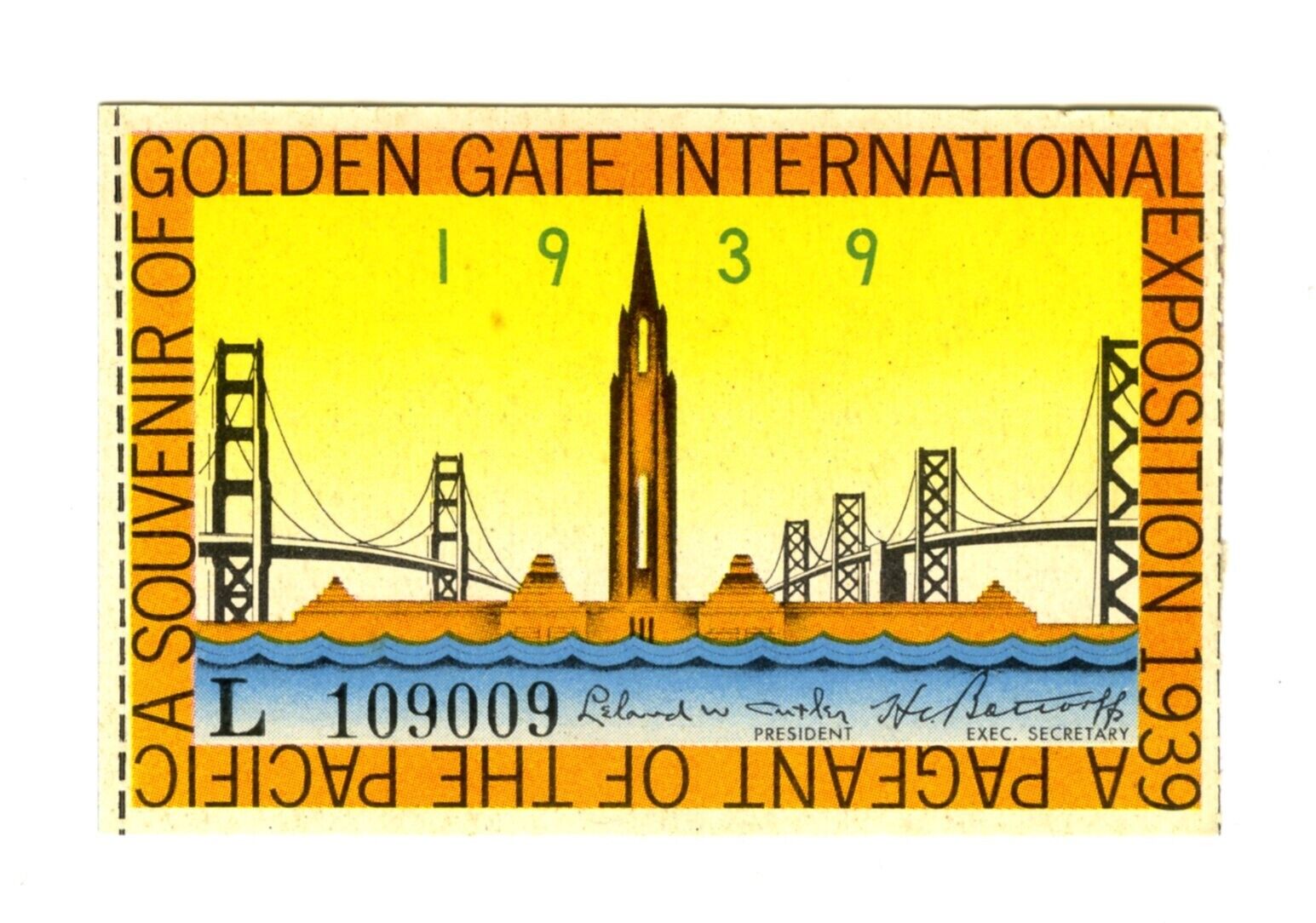 1939 GGIE SAN FRANCISCO GOLDEN GATE EXPOSITION WORLD\'S FAIR SOUVENIR TICKET STUB