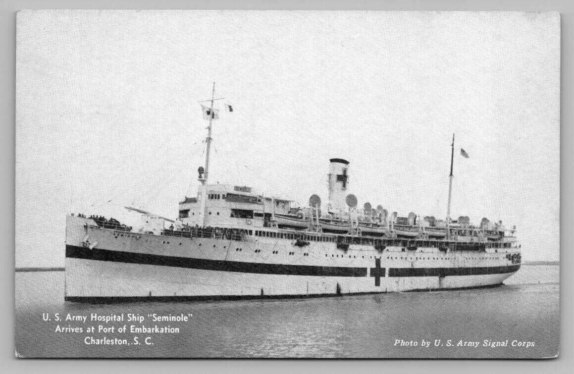 c1940 US Army Hospital Ship Seminole Charleston SC Embarkation Vtg Postcard A5
