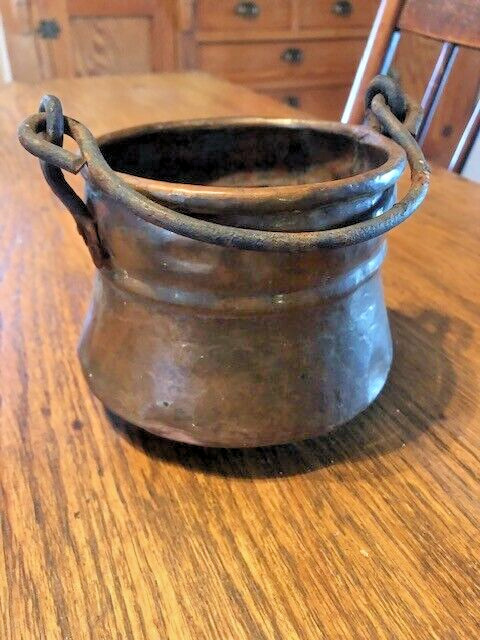 Vintage MINI Primitive Copper Cauldron Pot Bucket Wrought Iron Handle  3 x 4