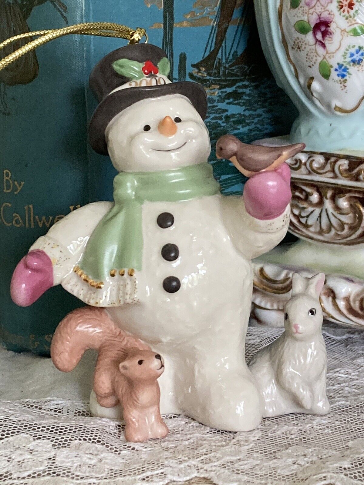 Lenox Yearly Christmas Ornament 2009 Snowman W/ Bird & Squirrel