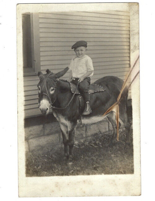 c.1900s Cute Young Boy Riding Mule Real Photo RPPC Postcard UNPOSTED