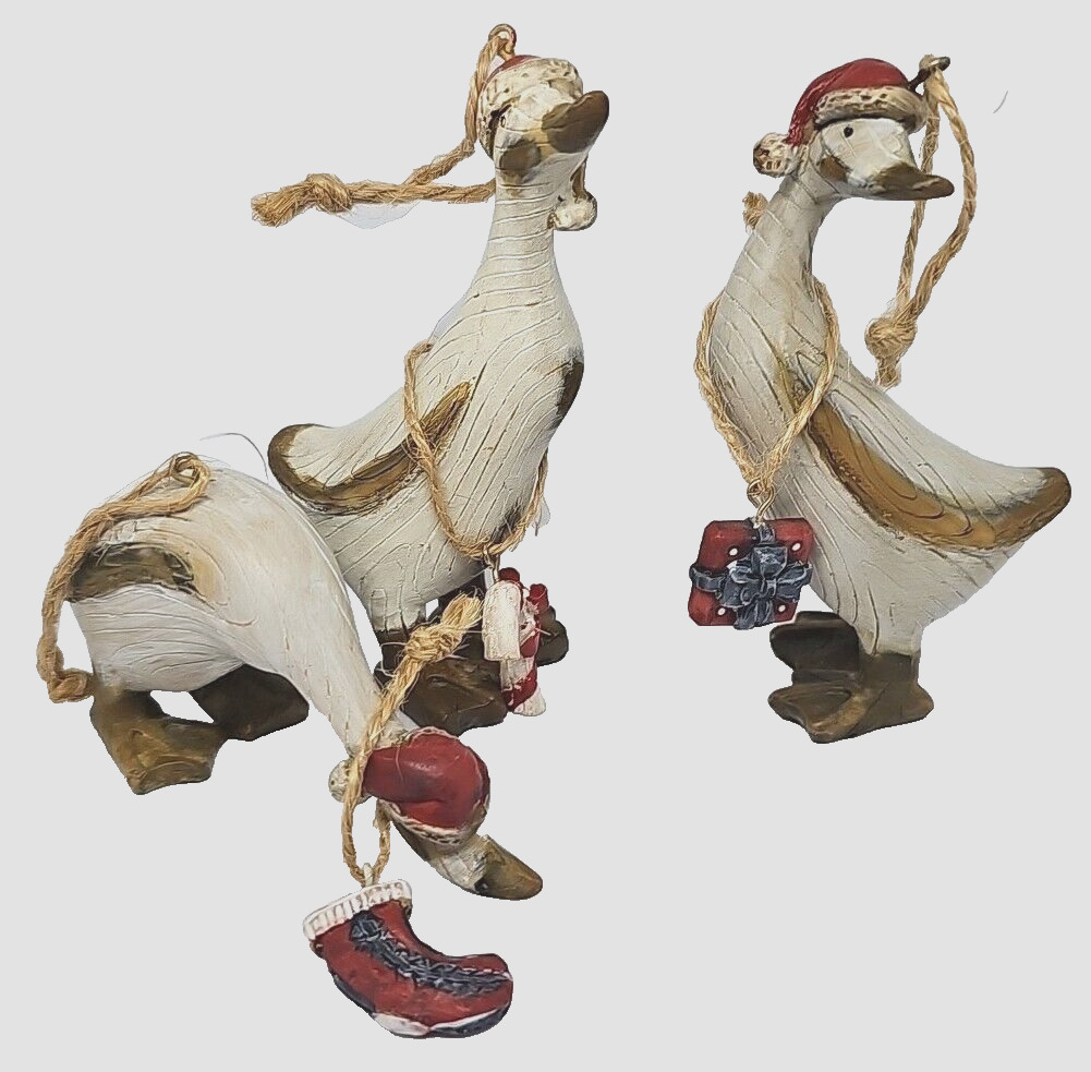 3 - TII Christmas Geese Duck Vintage Rustic (Wood Look) Handmade Resin Figurines