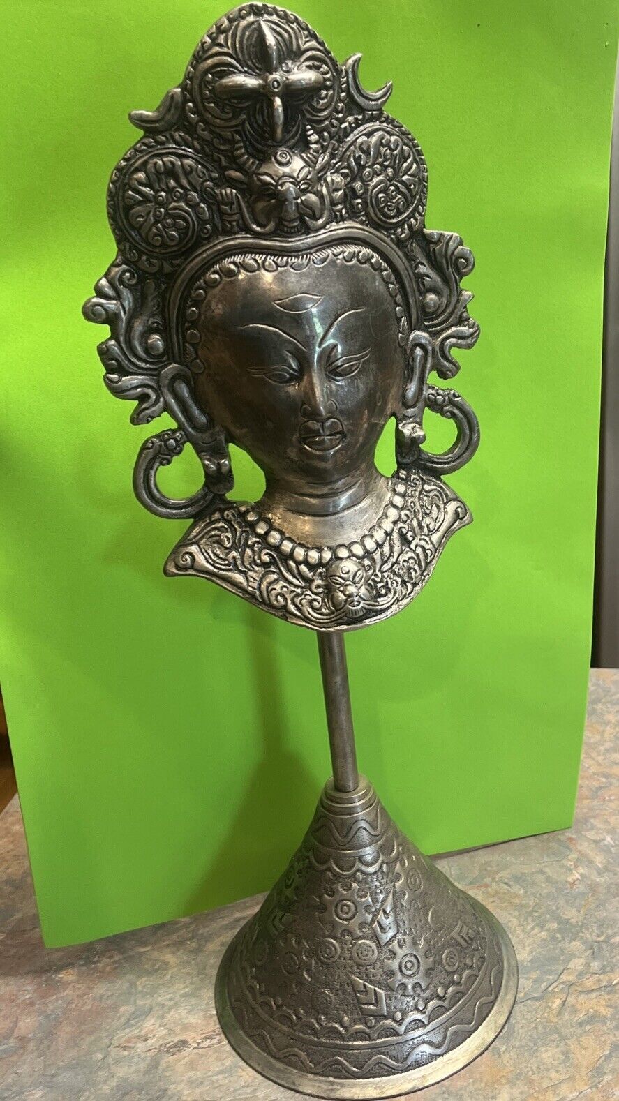 Rare Large Cast Metal Female Hindu Deity Bust On Stand With Decorative Base