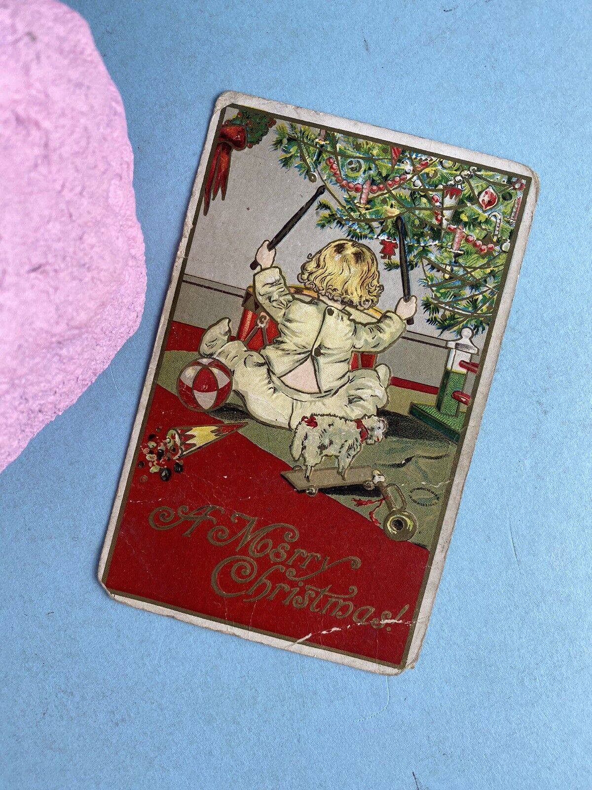 Antique Postcard 1915 A Merry Christmas Little Boy Drumming Under Tree