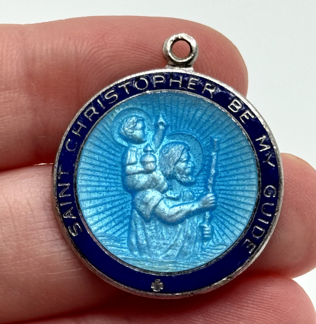 Vintage Saint Christopher Be My Guide Blue Enamel Sterling Silver Medal Pendant