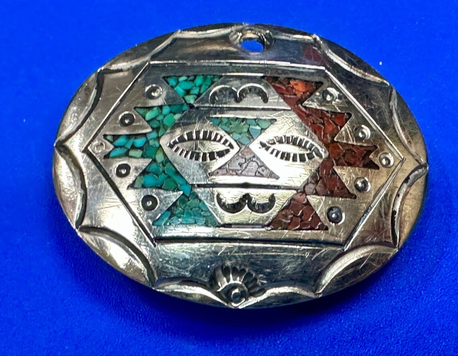 Vintage crushed turquoise & coral inlaid small southwestern belt buckle
