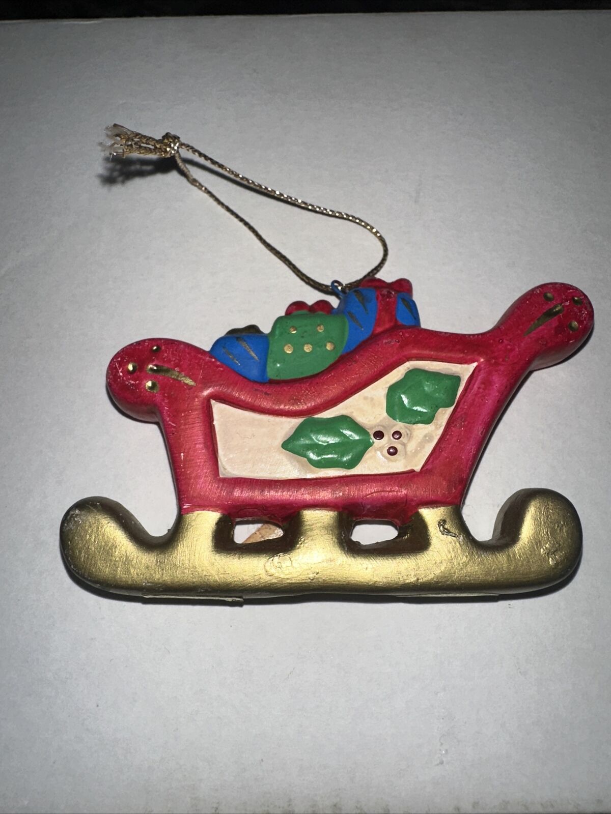 Russ Berrie Sleigh with Presents Porcelain Christmas Ornament Vintage 1970s 1060