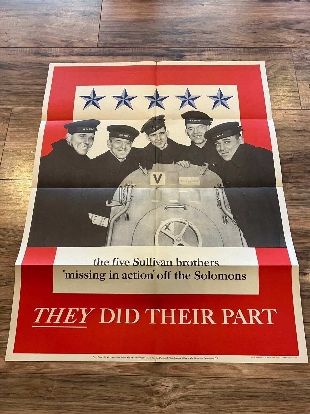 Original 1943 WW2 Poster The Sullivan Brothers They Did Their Part 28 X 22 #3