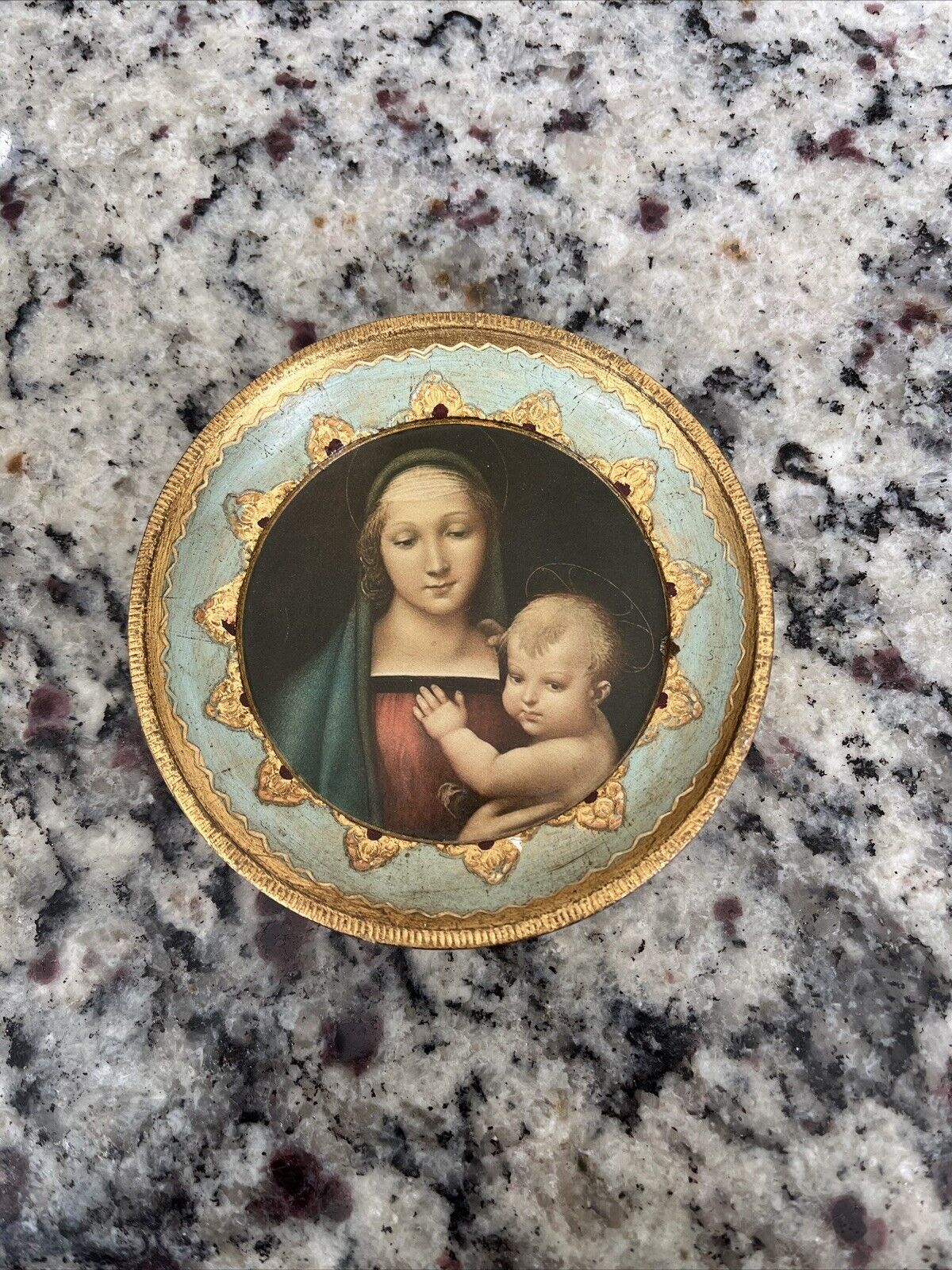 Vintage Italian Madonna & Child Mini Framed Icon wood Frame Handmade Raphael