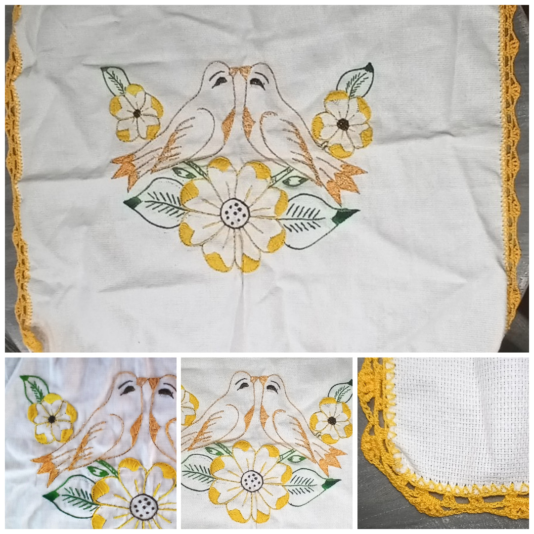 Vtg Hand-stitched Embroidered Tablecloth 26x30 Flowers Kissing Dove Birds New