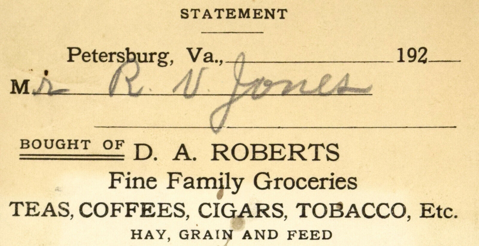 1920\'s Fine Family Groceries D A Roberts Petersburg VA Dry Goods Billhead