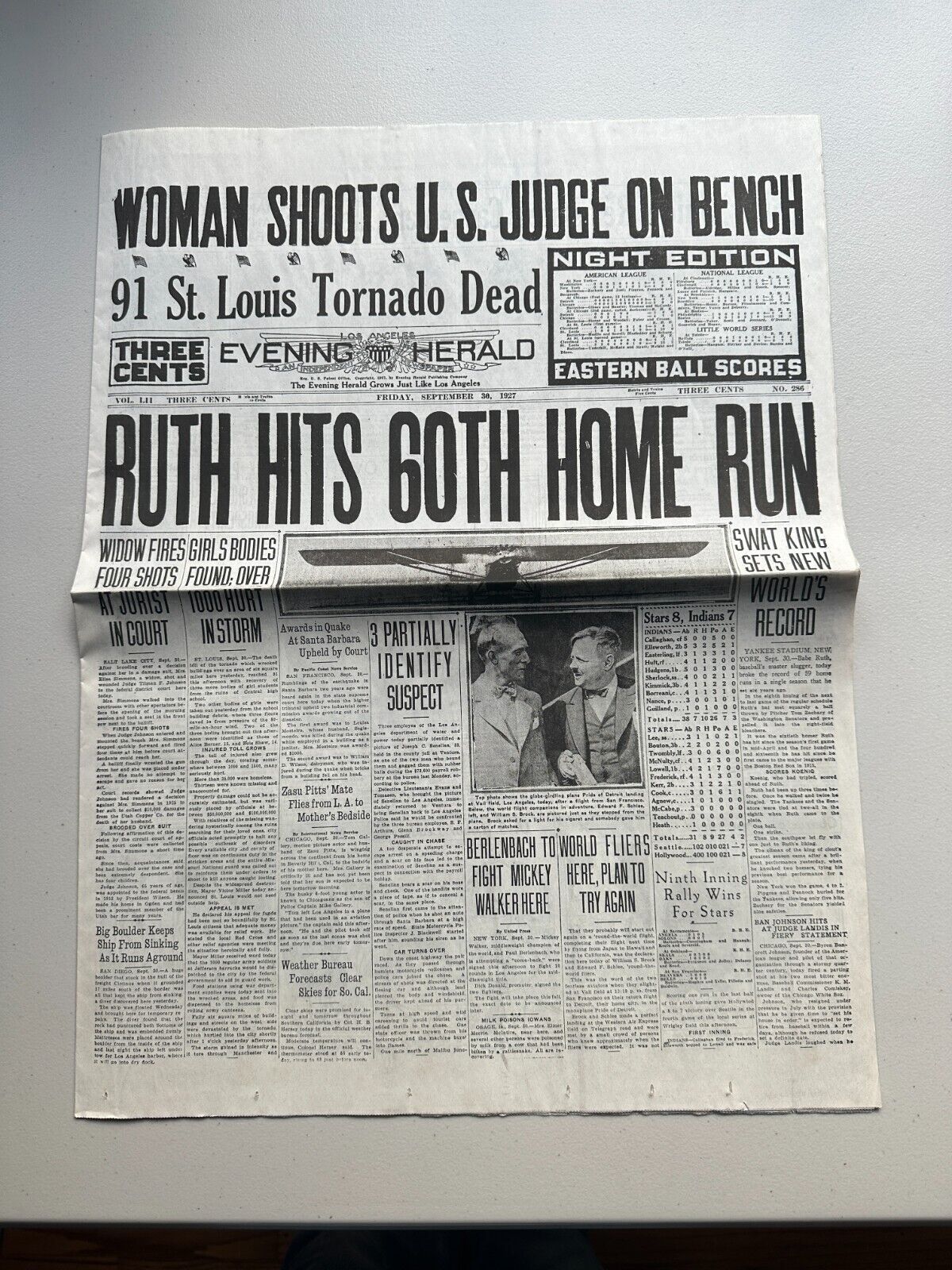 September 30 1927 Babe Ruth 60th Home Run Los Angeles 1920\'s Vintage Newspaper