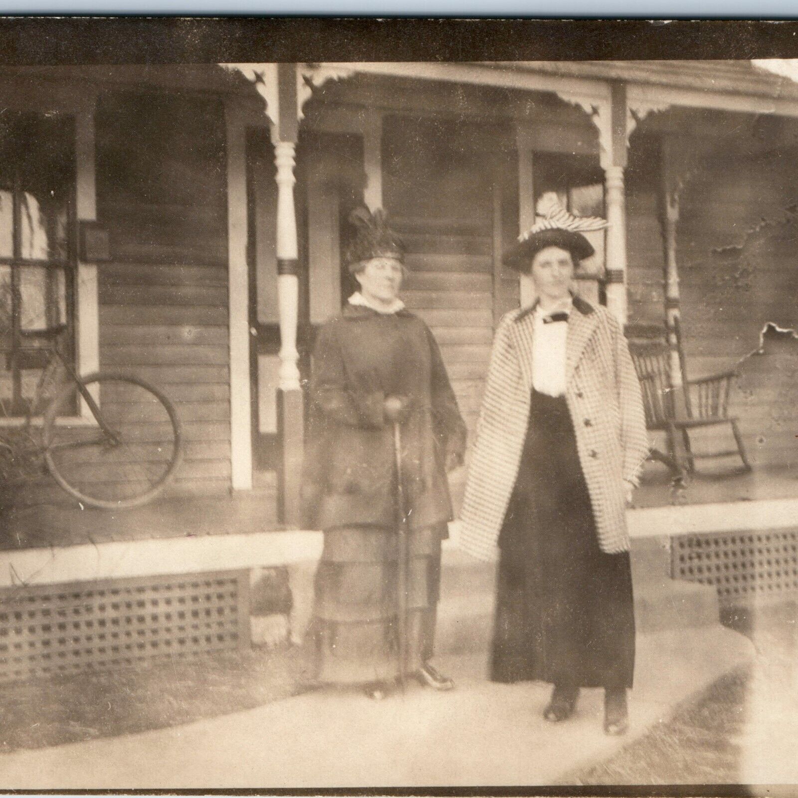 c1910s Two Women House RPPC Outdoors Bicycle Porch Wood Real Photo A130