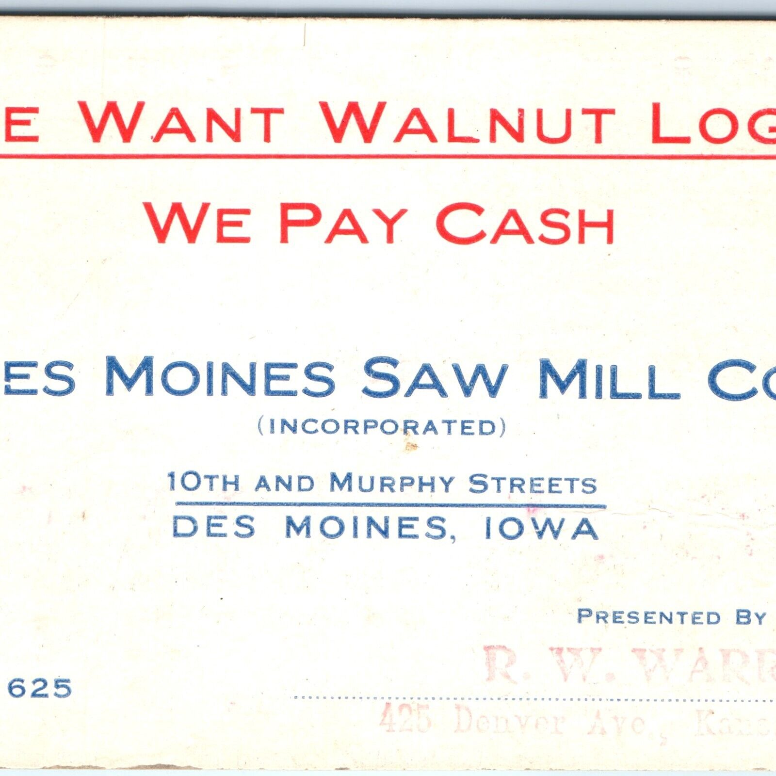 c1910s Des Moines Saw Mill Co Scribner\'s Log Table Doyles Rule IA Trade Card C43