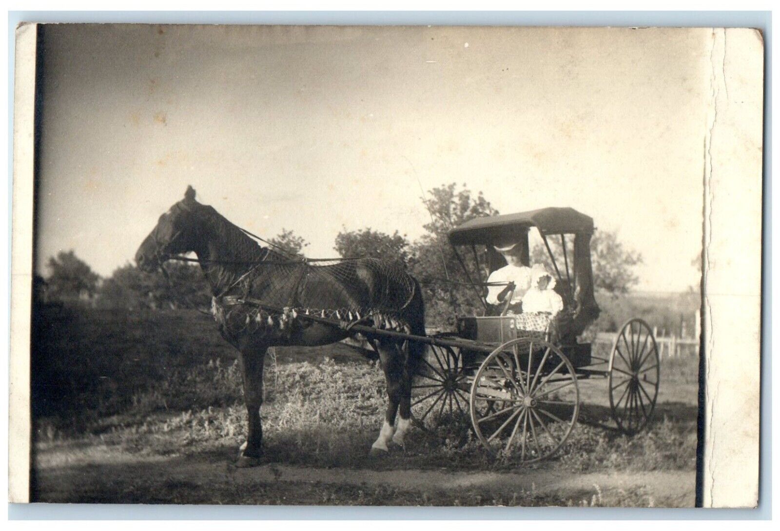 c1910\'s Mother And Daughter Riding Horse Carriage RPPC Photo Antique Postcard