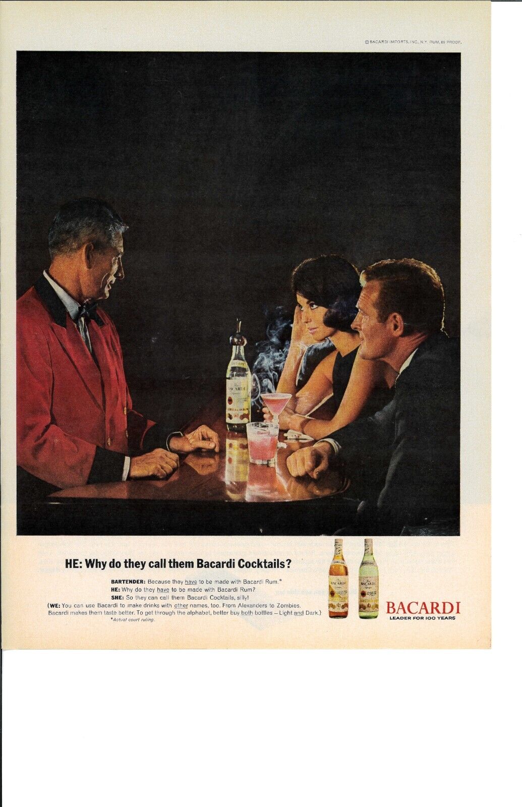 1962 BACARDI Rum Cocktails Light Dark Bottle Bartender  Vintage Shag Print Ad