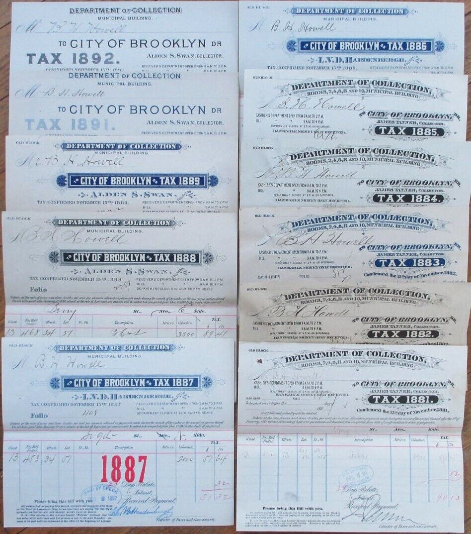 Brooklyn, NY 1881-92 Tax Documents, Letterheads, 11 Eleven Different Years, NYC
