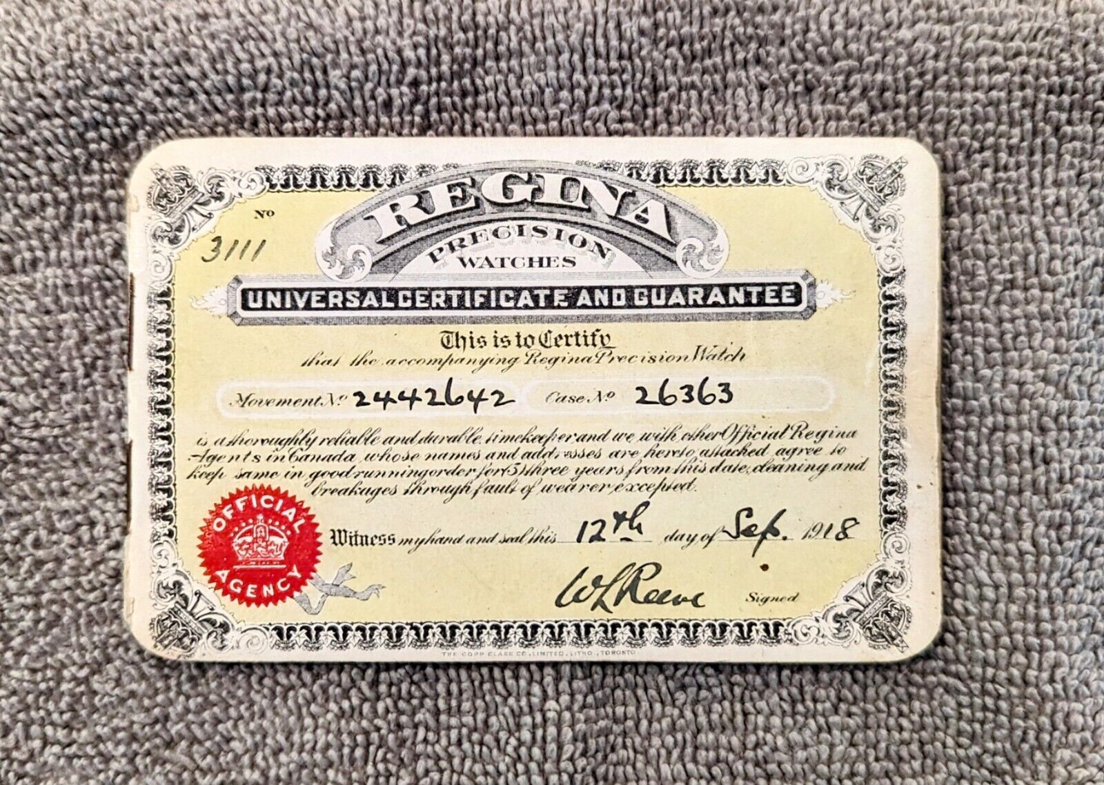 1918 Regina Precision Watches 2442642  Guarantee Certificate Booklet Dealer List