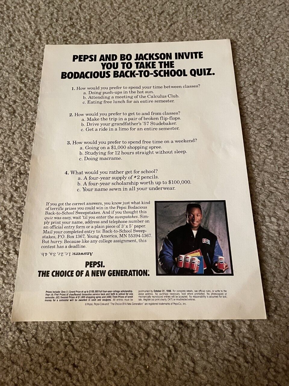 Vintage 1990 BO JACKSON PEPSI Challenge Jacket Poster Print Ad