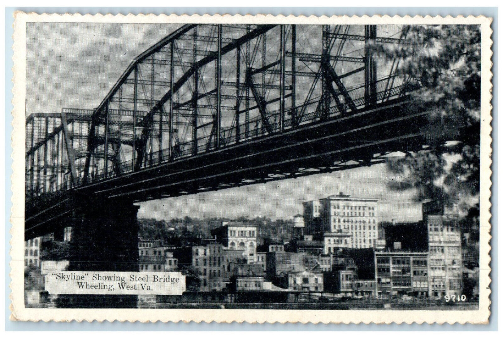 c1940\'s Skyline Showing Steel Bridge Wheeling West Virginia WV Postcard
