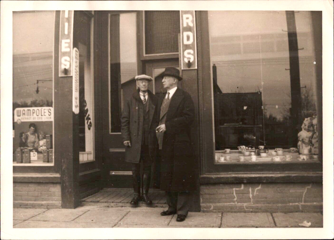 1920s TWO OLDER MEN TALKING antique 5x7 photograph IN FRONT OF DRUG STORE unique