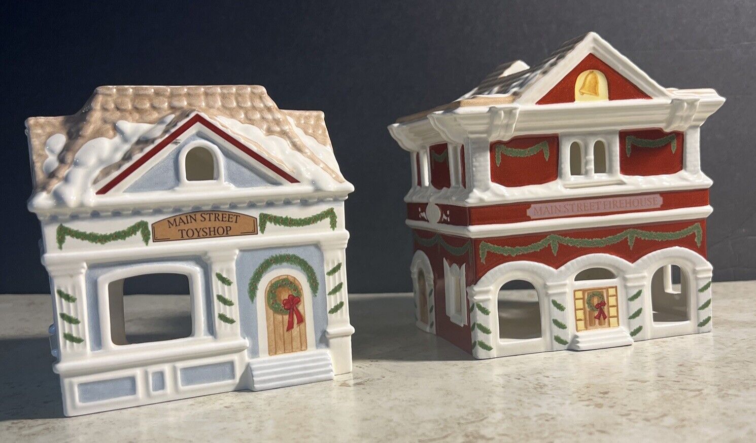 Set / 2 Vintage Lenox For The Holidays Village Toy Shop & Fire Station Christmas