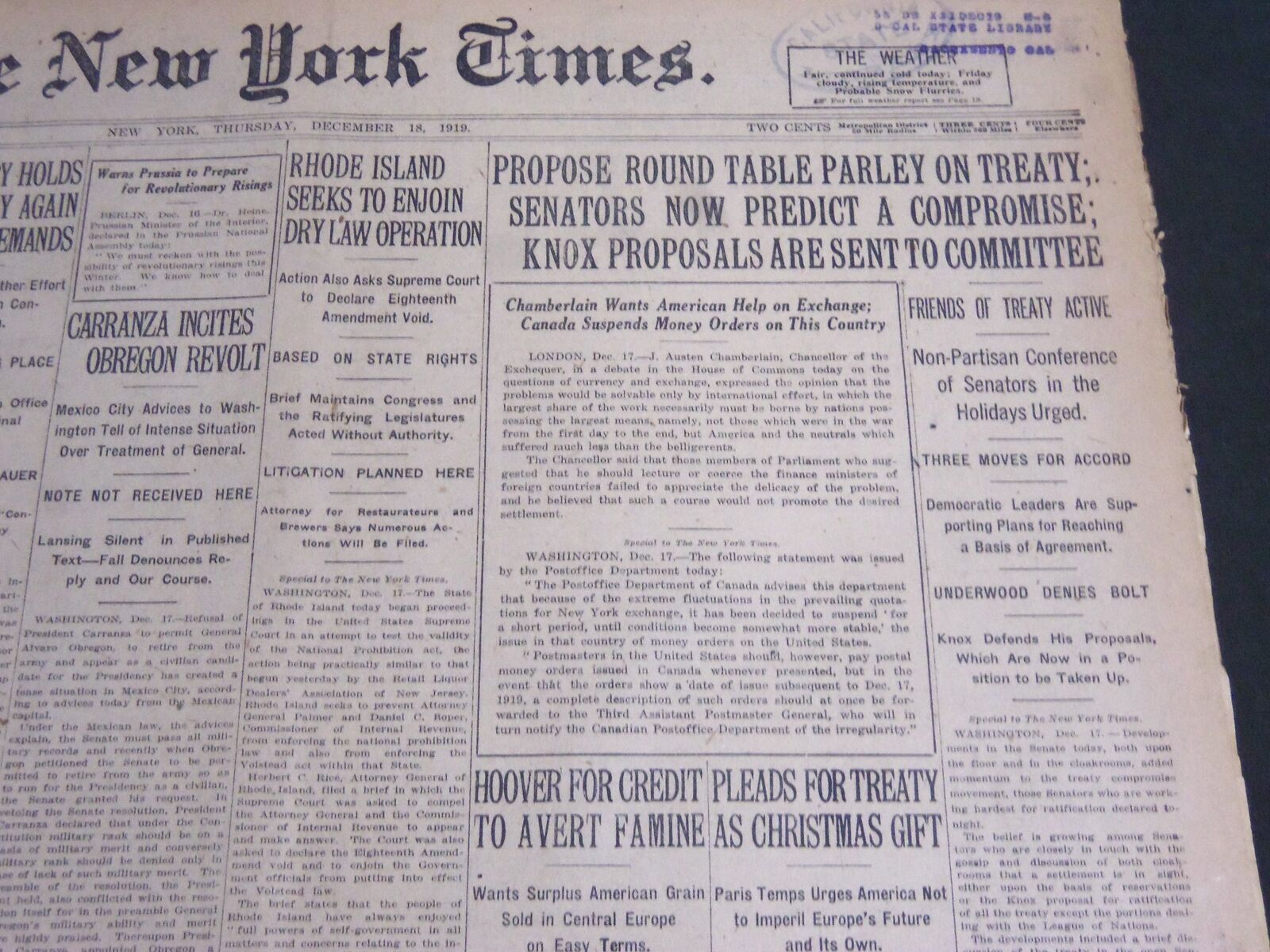 1919 DECEMBER 18 NEW YORK TIMES - PROPOSE ROUND TABLE PARLEY ON TREATY - NT 7014