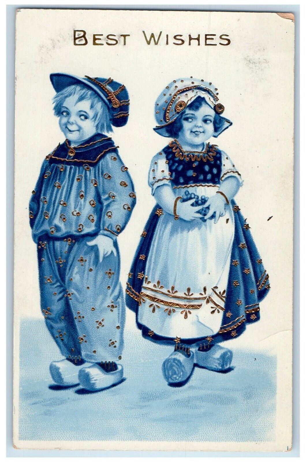 c1910's Best Wishes Dutch Boy And Girl Gel Gold Gilt Embossed Antique Postcard