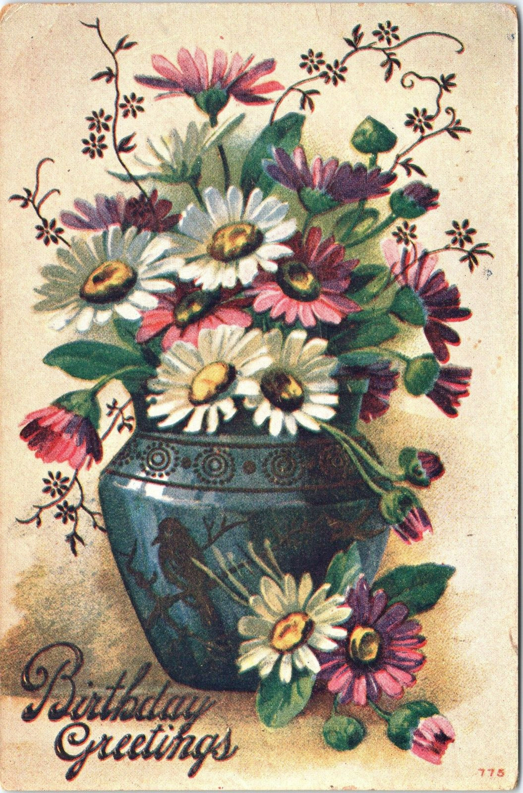 Birthday Greetings Postcard with Pretty Flowers in a Vase with a Bird