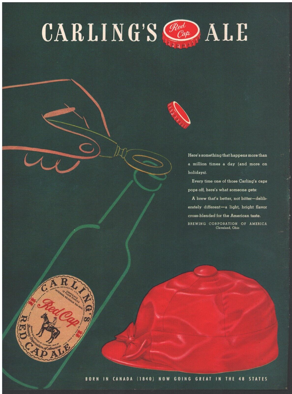 1947 Carling\'s Red Cap Ale Beer Vintage Original Magazine Print Ad